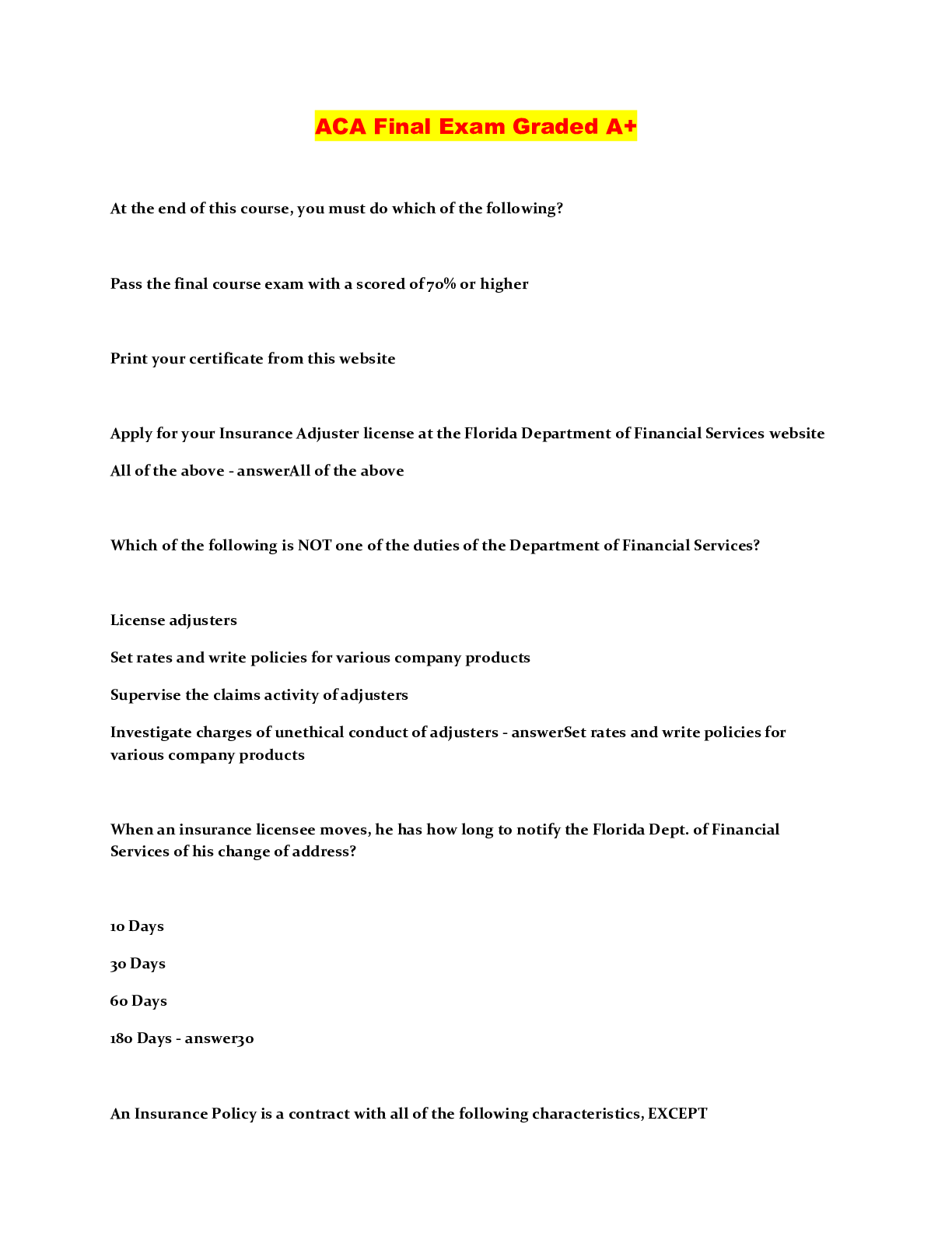 Preview image of ACA Final Exam Graded A+ document